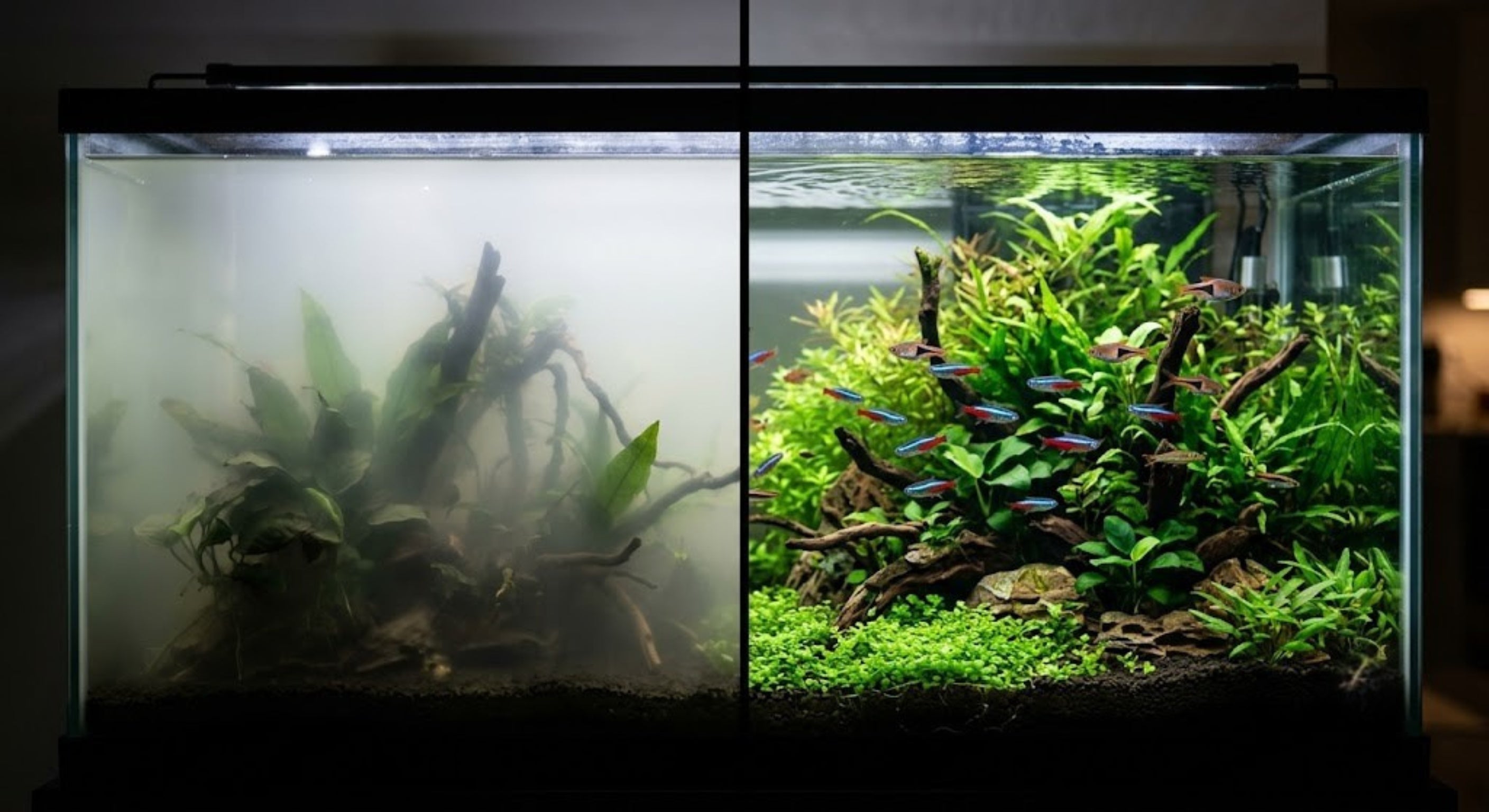 Split-screen comparison showing severe milky cloudy aquarium water on the left versus a crystal clear, established planted tank on the right.