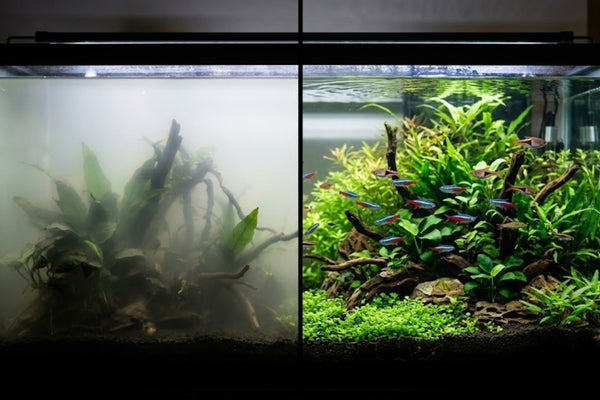 Split-screen comparison showing severe milky cloudy aquarium water on the left versus a crystal clear, established planted tank on the right.