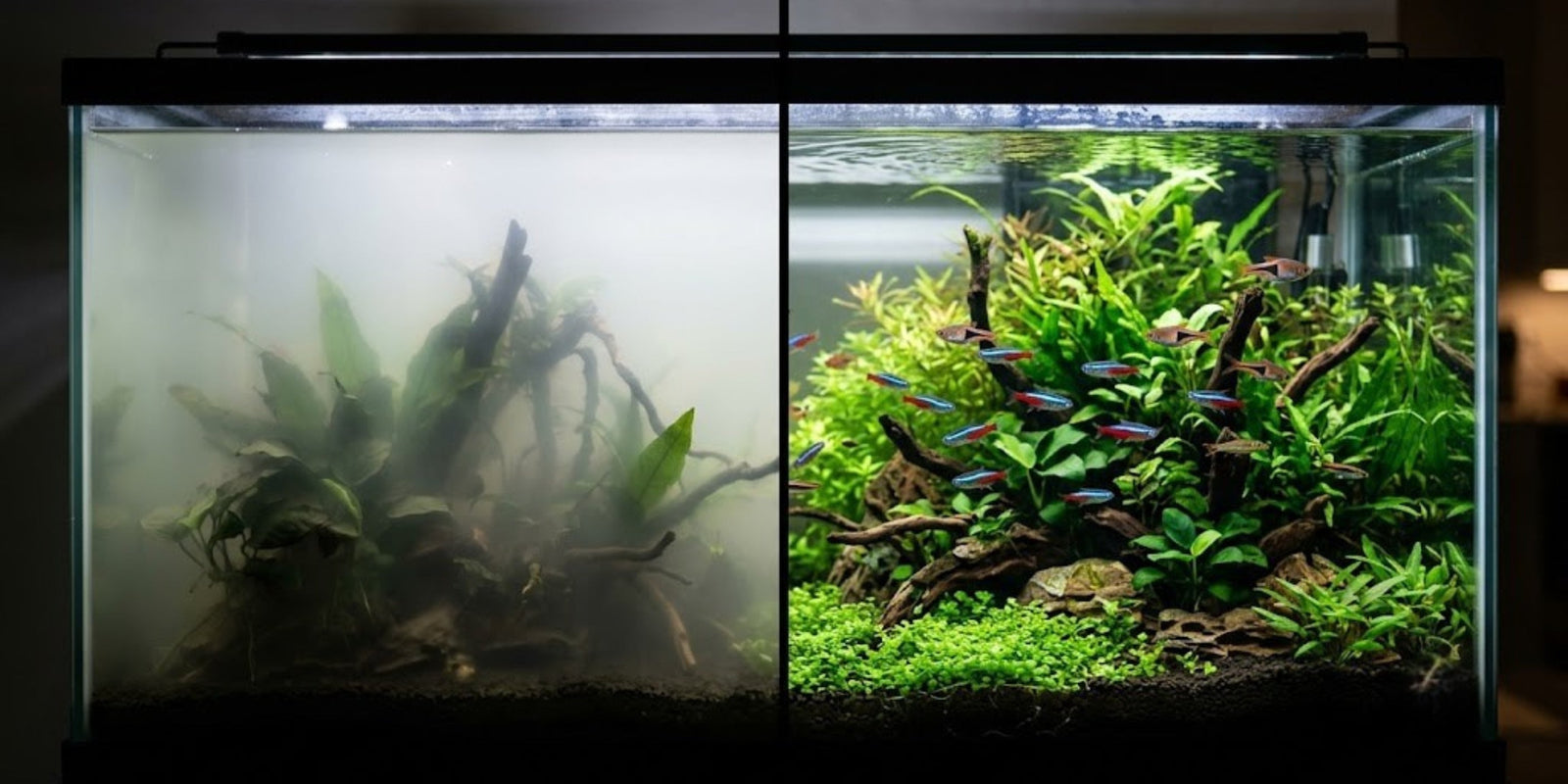 Split-screen comparison showing severe milky cloudy aquarium water on the left versus a crystal clear, established planted tank on the right.