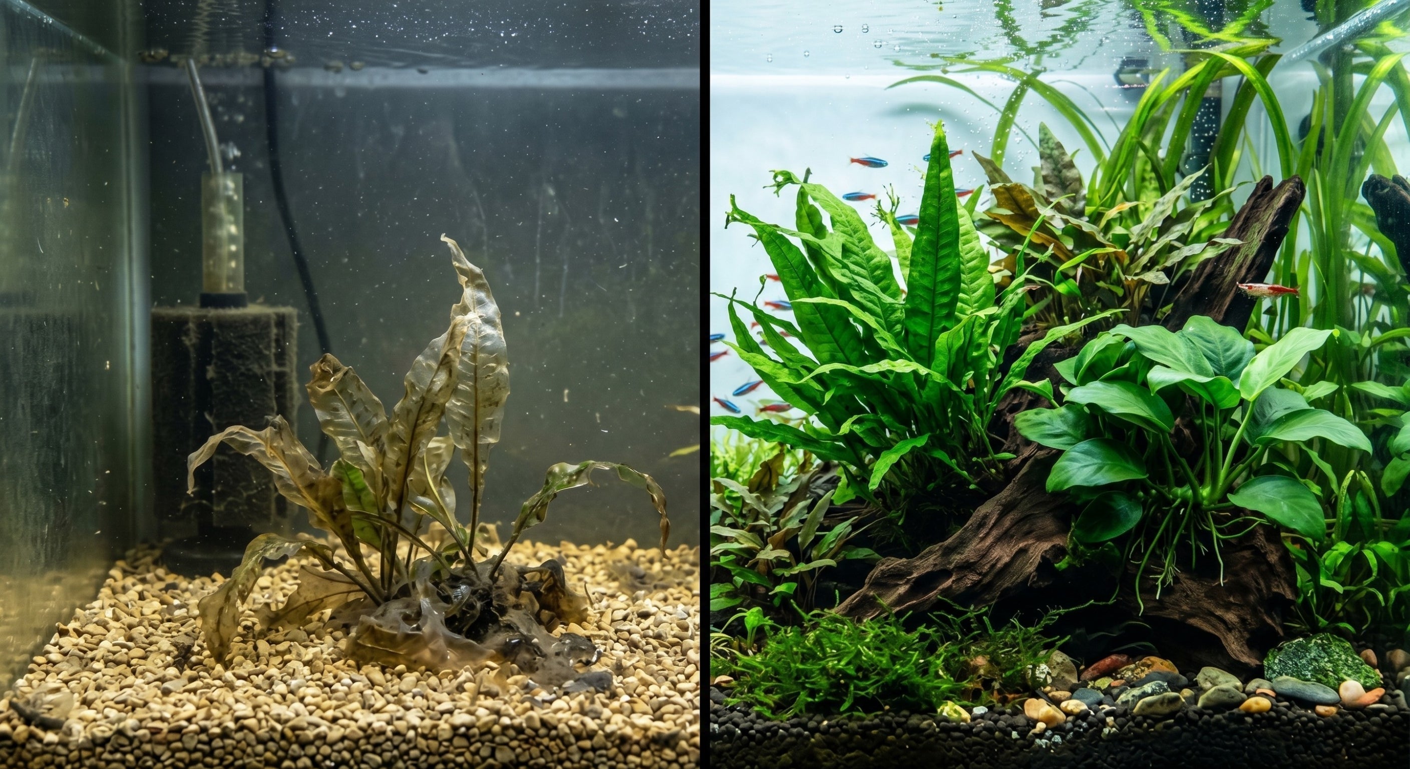 Split-screen comparison showing a melting, dying beginner aquarium plant on the left versus a lush, thriving low-tech planted aquarium on the right.