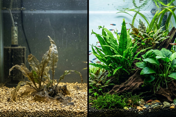 Split-screen comparison showing a melting, dying beginner aquarium plant on the left versus a lush, thriving low-tech planted aquarium on the right.