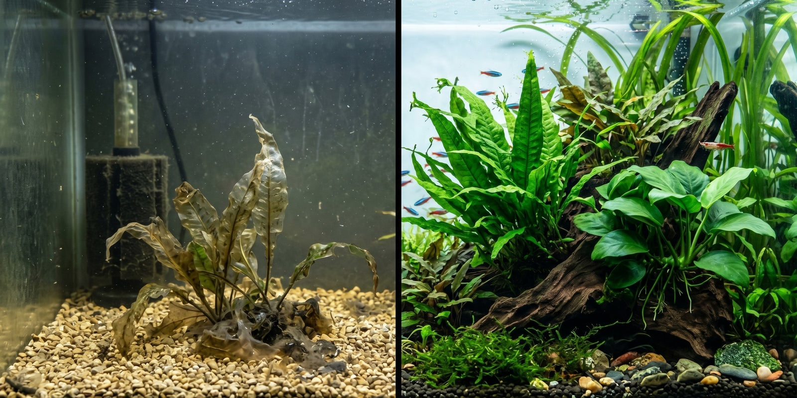 Split-screen comparison showing a melting, dying beginner aquarium plant on the left versus a lush, thriving low-tech planted aquarium on the right.