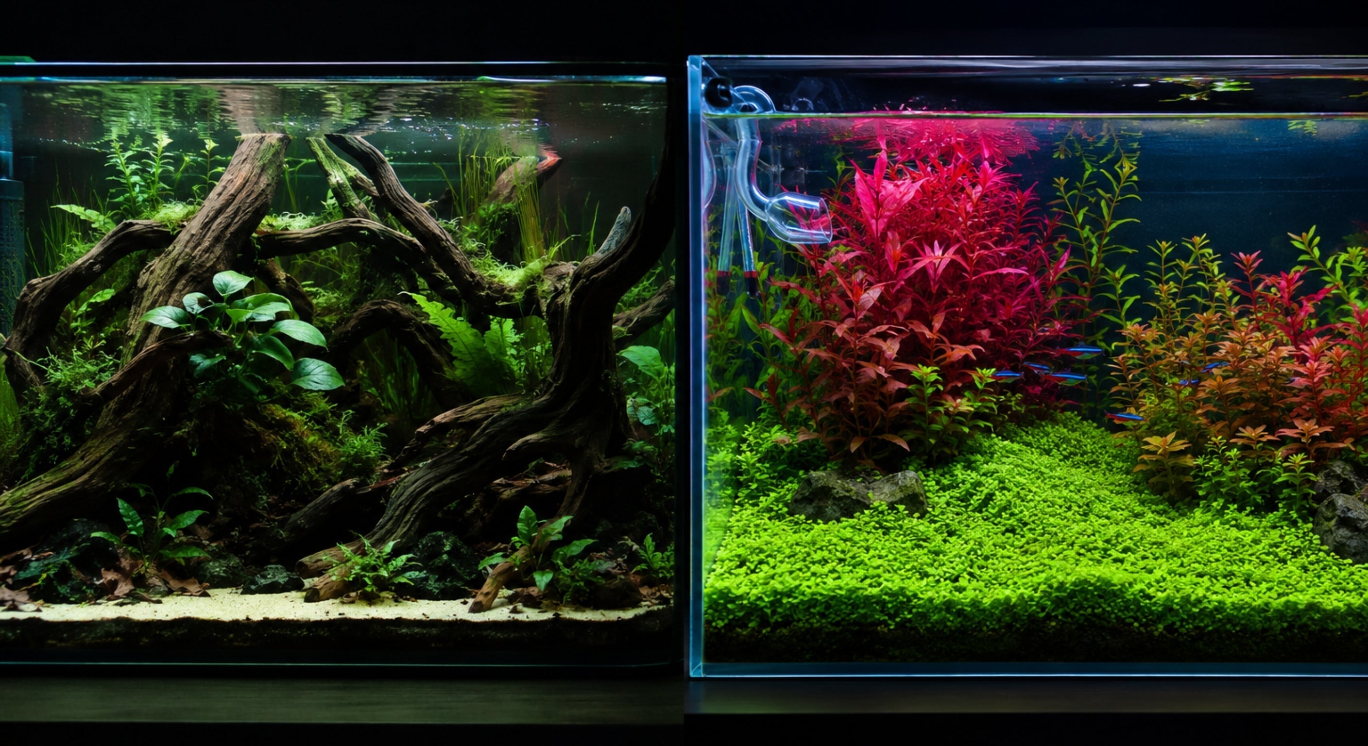 Split screen comparison of a moody low-tech planted aquarium without CO2 on the left, versus a vibrant high-tech aquascape with pressurized CO2, red stem plants, and a thick Monte Carlo carpet on the right.