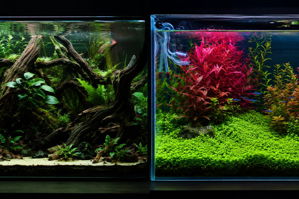 Split screen comparison of a moody low-tech planted aquarium without CO2 on the left, versus a vibrant high-tech aquascape with pressurized CO2, red stem plants, and a thick Monte Carlo carpet on the right.