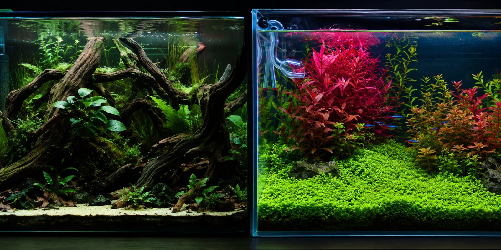 Split screen comparison of a moody low-tech planted aquarium without CO2 on the left, versus a vibrant high-tech aquascape with pressurized CO2, red stem plants, and a thick Monte Carlo carpet on the right.