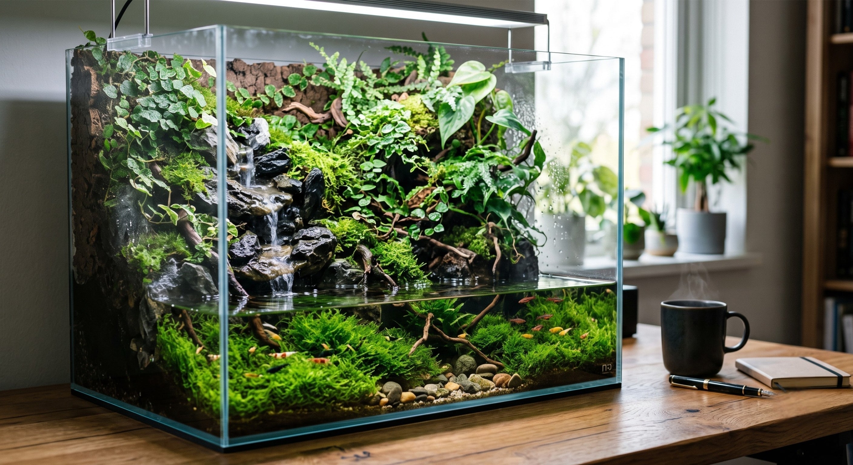 Beautiful desktop paludarium setup featuring a cascading waterfall, lush terrestrial plants, and a shallow aquatic zone.