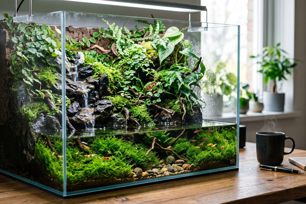 Beautiful desktop paludarium setup featuring a cascading waterfall, lush terrestrial plants, and a shallow aquatic zone.