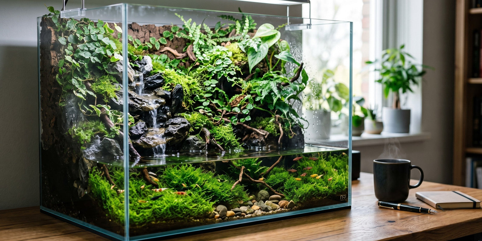Beautiful desktop paludarium setup featuring a cascading waterfall, lush terrestrial plants, and a shallow aquatic zone.