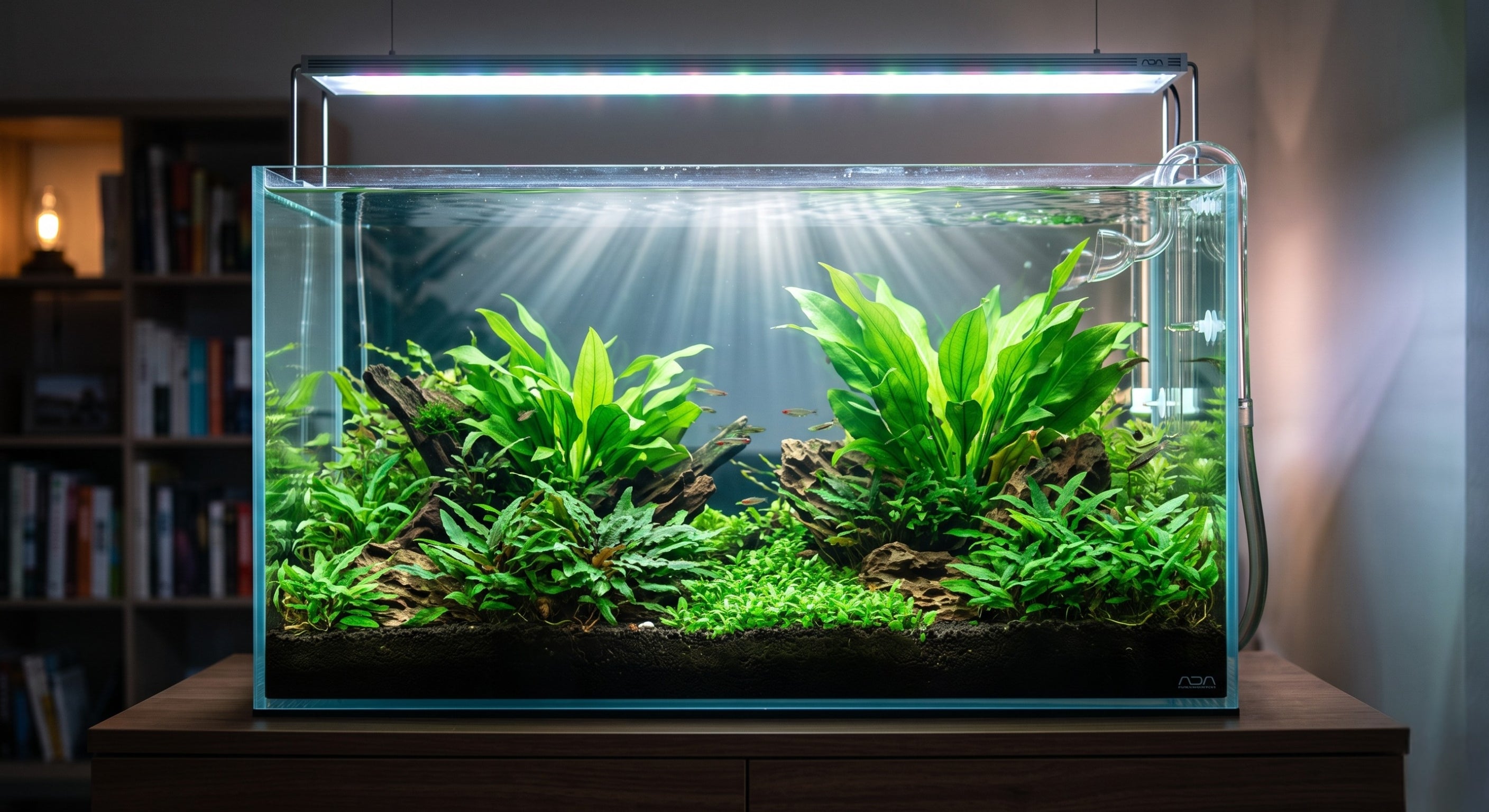 A brilliantly illuminated, crystal-clear planted aquarium showcasing a perfect balance of PAR, spectrum, and photoperiod for lush aquatic plant growth.