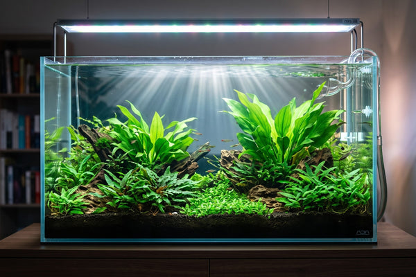 A brilliantly illuminated, crystal-clear planted aquarium showcasing a perfect balance of PAR, spectrum, and photoperiod for lush aquatic plant growth.