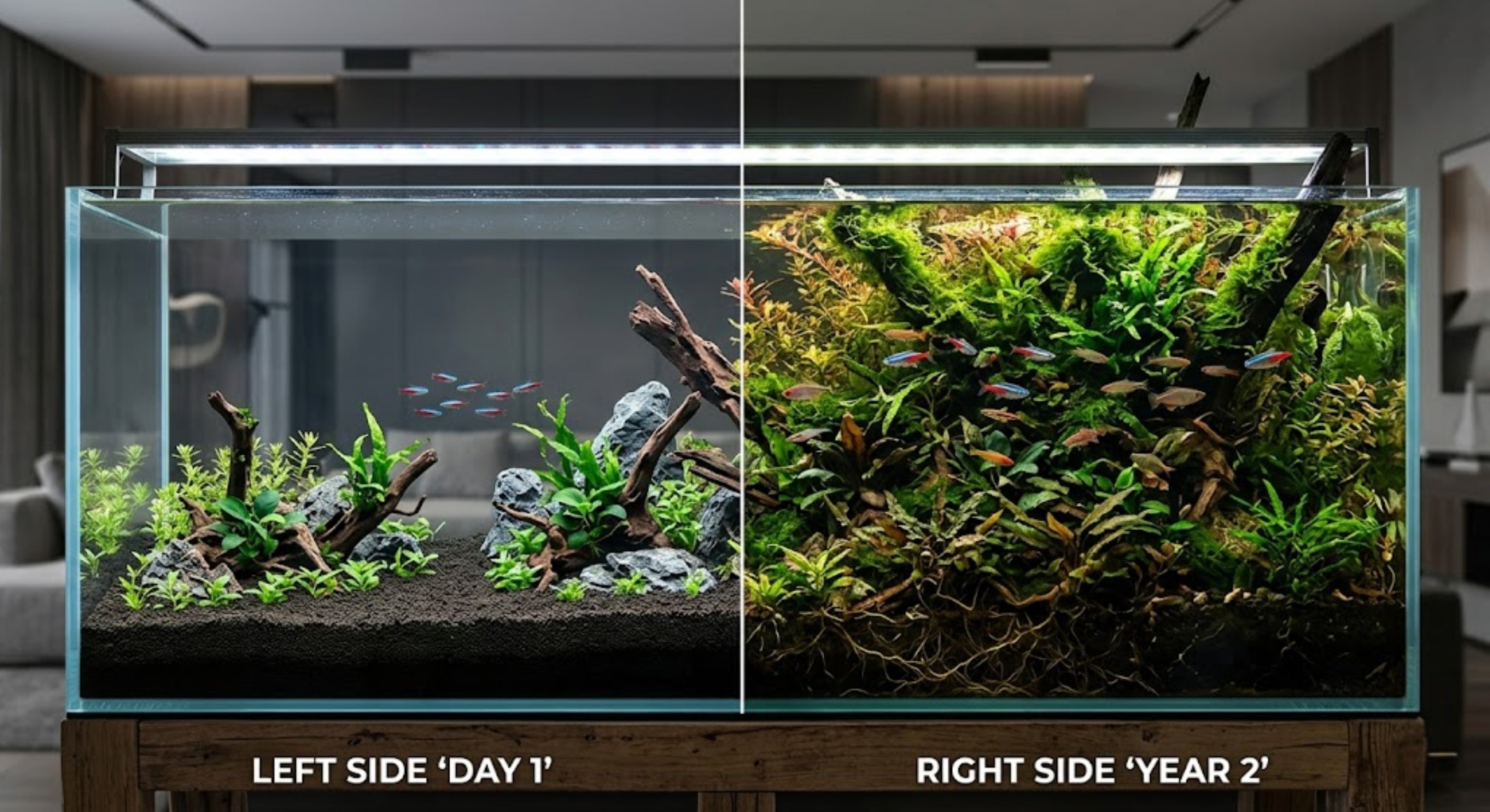Split screen comparison of a new planted tank on day 1 versus a fully matured, deeply overgrown nature aquarium at year 2, showing long-term planted tank evolution.