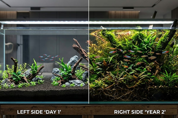 Split screen comparison of a new planted tank on day 1 versus a fully matured, deeply overgrown nature aquarium at year 2, showing long-term planted tank evolution.