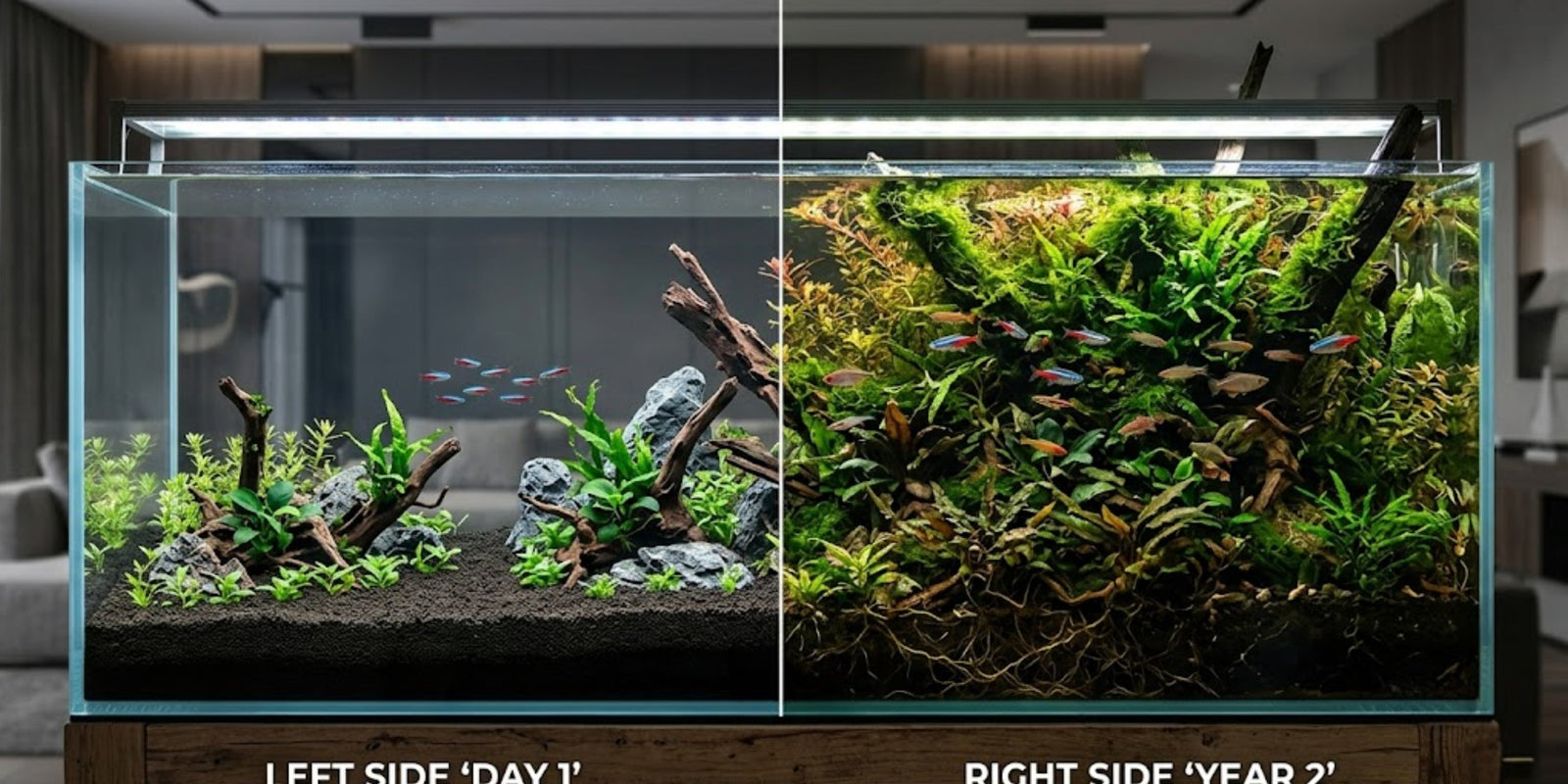 Split screen comparison of a new planted tank on day 1 versus a fully matured, deeply overgrown nature aquarium at year 2, showing long-term planted tank evolution.