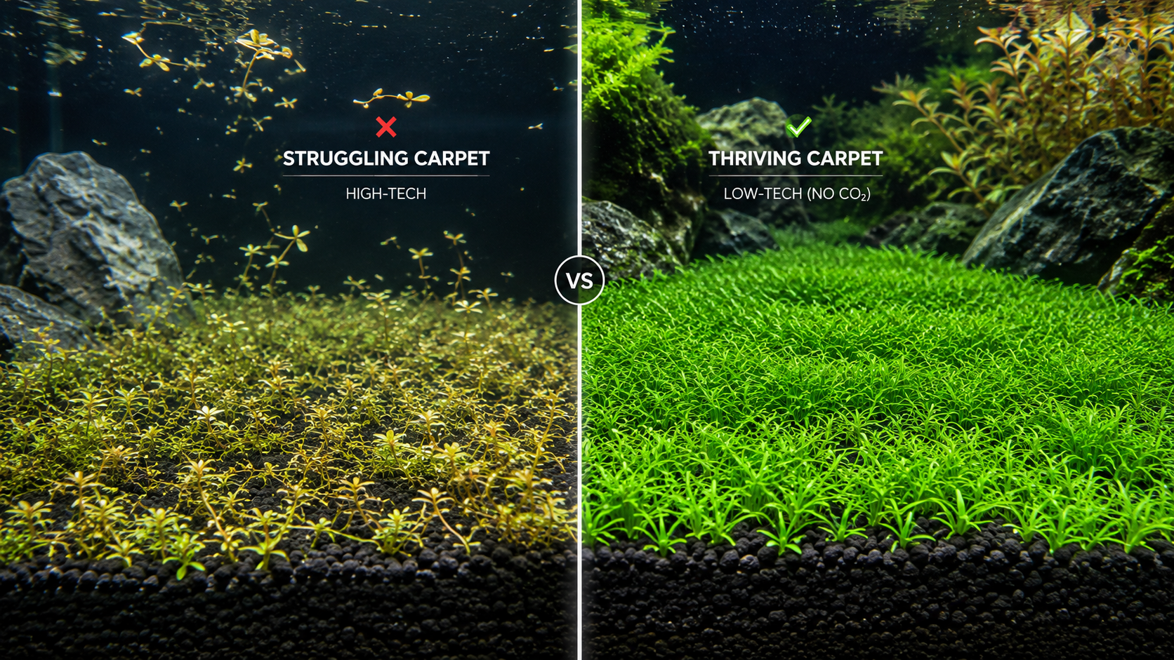 Split screen comparison showing a struggling, melting Monte Carlo carpet in a high-tech aquarium versus a thriving, lush green low-tech carpet without CO2.