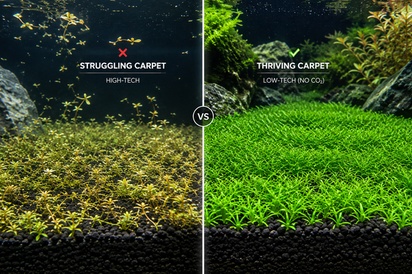 Split screen comparison showing a struggling, melting Monte Carlo carpet in a high-tech aquarium versus a thriving, lush green low-tech carpet without CO2.