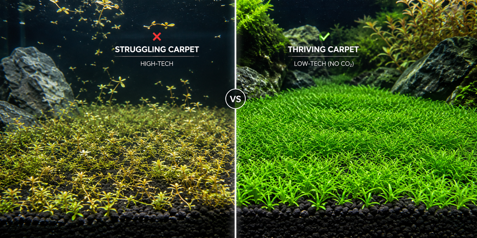 Split screen comparison showing a struggling, melting Monte Carlo carpet in a high-tech aquarium versus a thriving, lush green low-tech carpet without CO2.