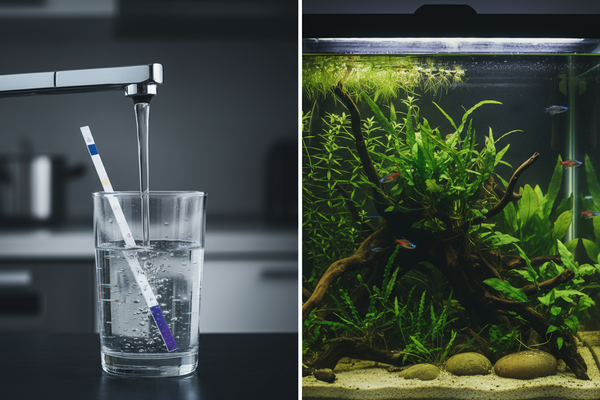 Hard water aquarium plants guide: Tap water pH test strip comparison alongside a thriving, low-tech planted tank ideal for Texas and Florida aquascapes.