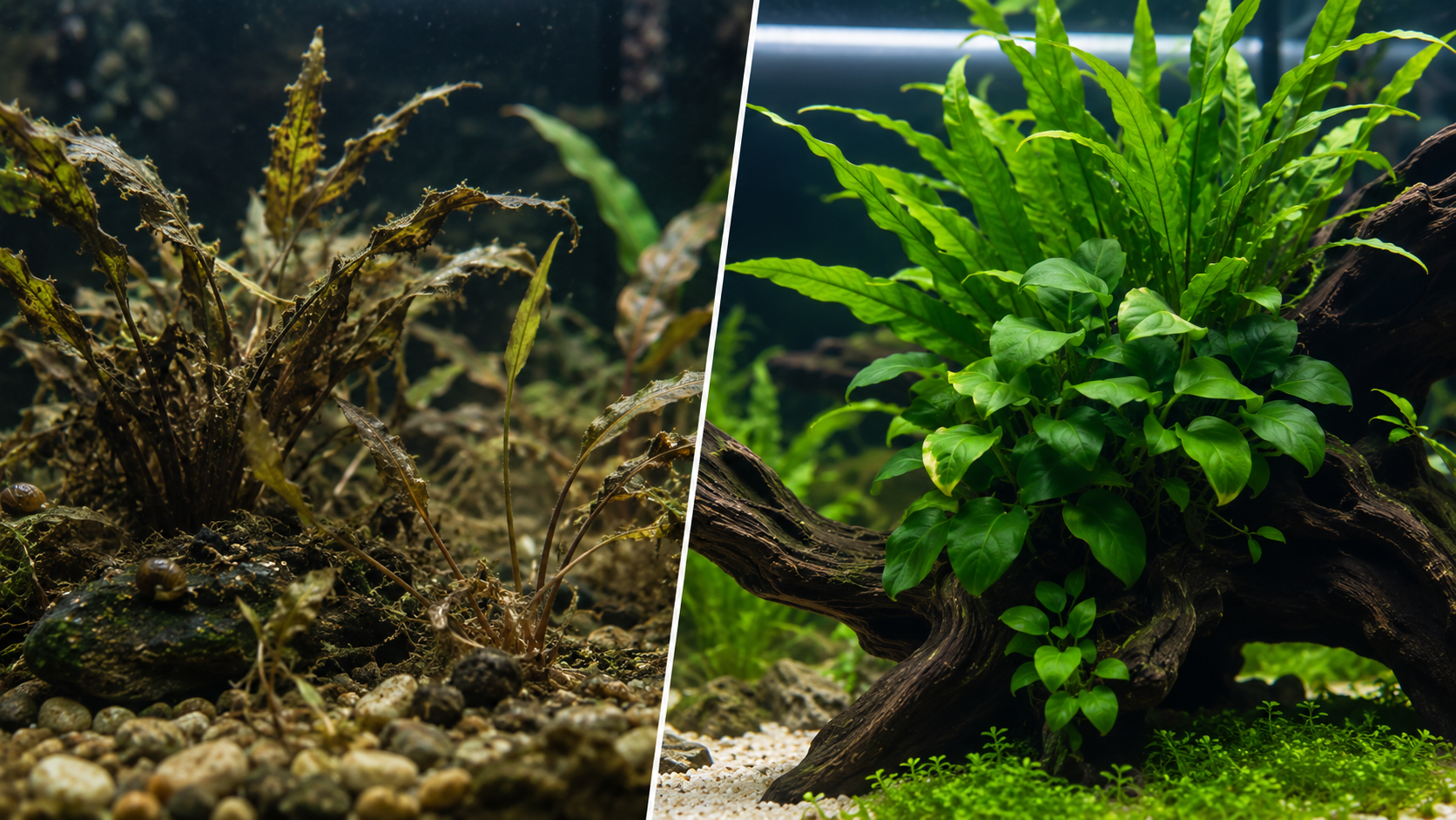 Dead melting aquatic plant vs healthy low light beginner aquarium plants