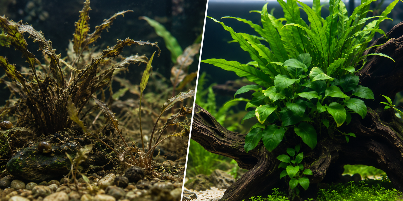 Dead melting aquatic plant vs healthy low light beginner aquarium plants