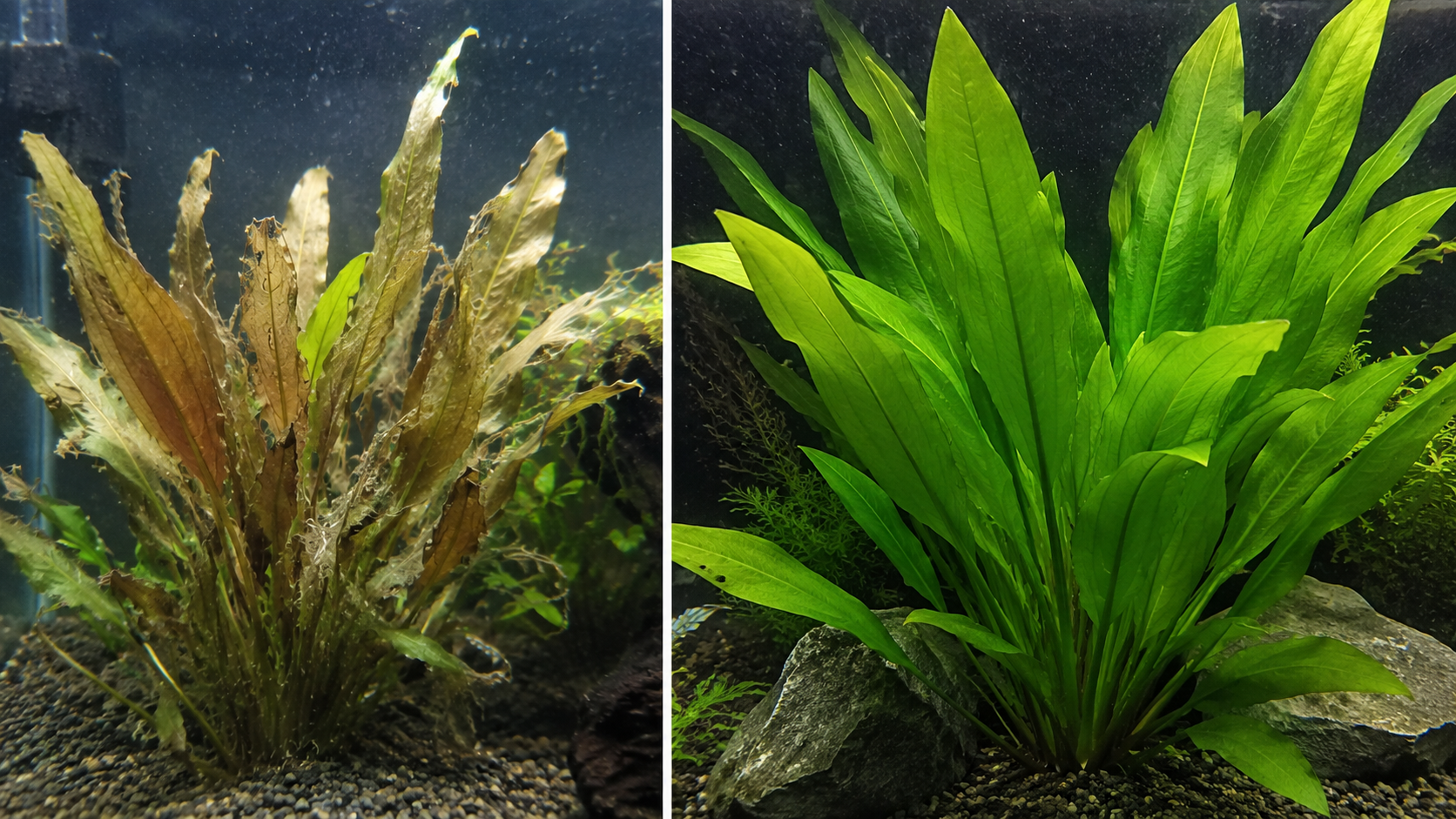 Split screen showing a melting Amazon Sword plant transitioning next to a fully established, lush green Echinodorus amazonicus background aquarium plant.