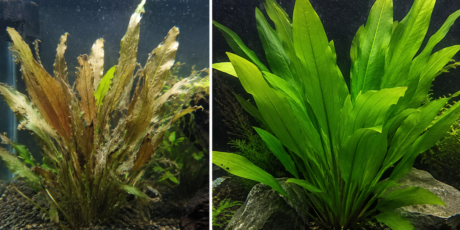 Split screen showing a melting Amazon Sword plant transitioning next to a fully established, lush green Echinodorus amazonicus background aquarium plant.