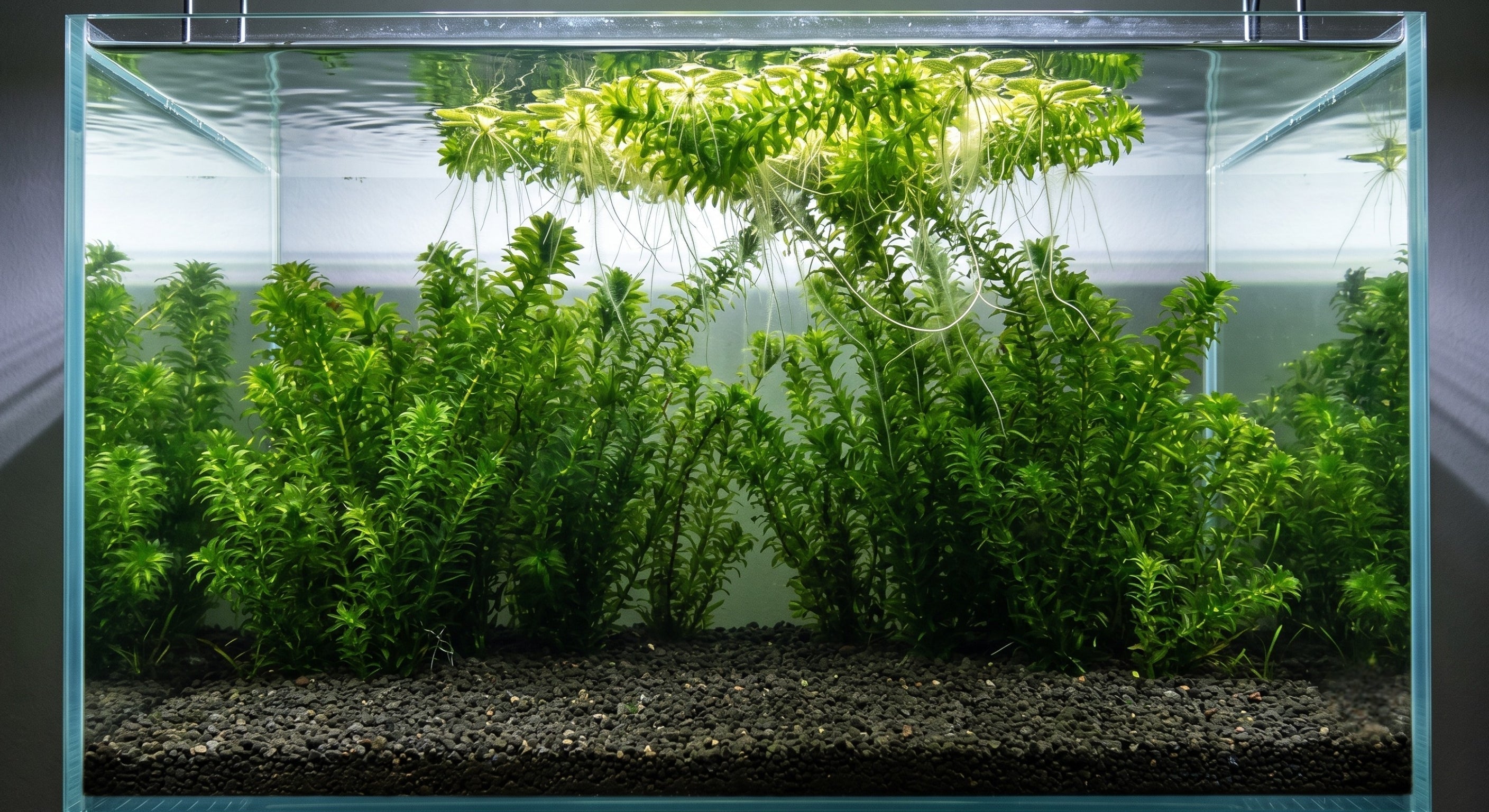 A beautifully aquascaped coldwater aquarium showcasing elodea care, featuring planted egeria densa in the substrate and a floating clump with trailing roots.