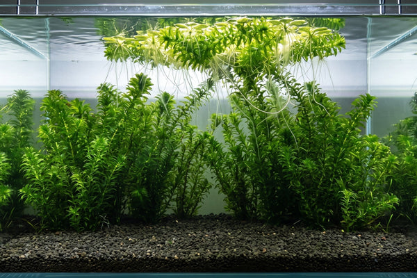 A beautifully aquascaped coldwater aquarium showcasing elodea care, featuring planted egeria densa in the substrate and a floating clump with trailing roots.