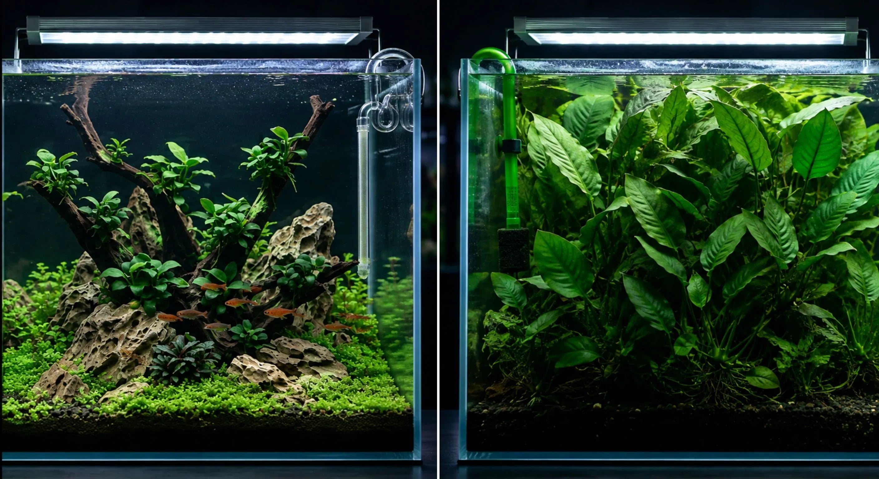 Side-by-side comparison showing a perfectly scaled planted aquascape on the left versus a small aquarium overwhelmed by an oversized Anubias plant on the right.
