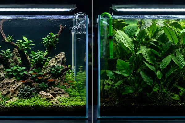 Side-by-side comparison showing a perfectly scaled planted aquascape on the left versus a small aquarium overwhelmed by an oversized Anubias plant on the right.