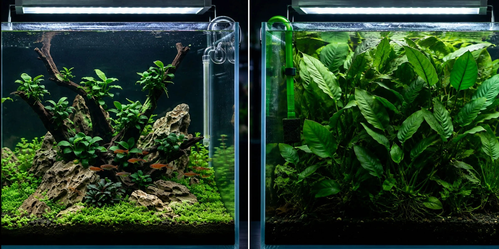 Side-by-side comparison showing a perfectly scaled planted aquascape on the left versus a small aquarium overwhelmed by an oversized Anubias plant on the right.