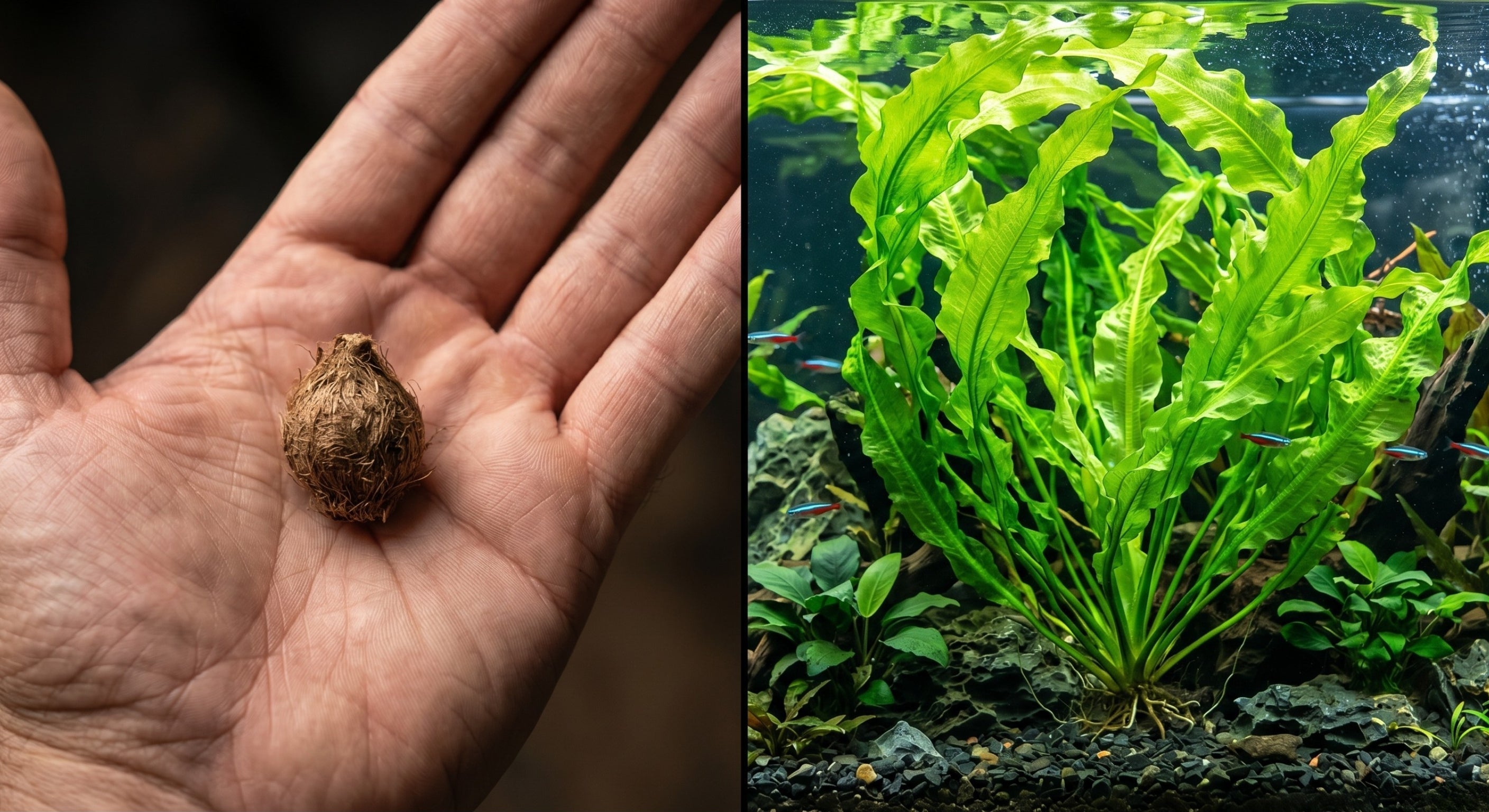 Split-screen comparison showing a dry Aponogeton ulvaceus bulb transforming into a massive, fast-growing centerpiece aquatic plant in a planted aquarium.