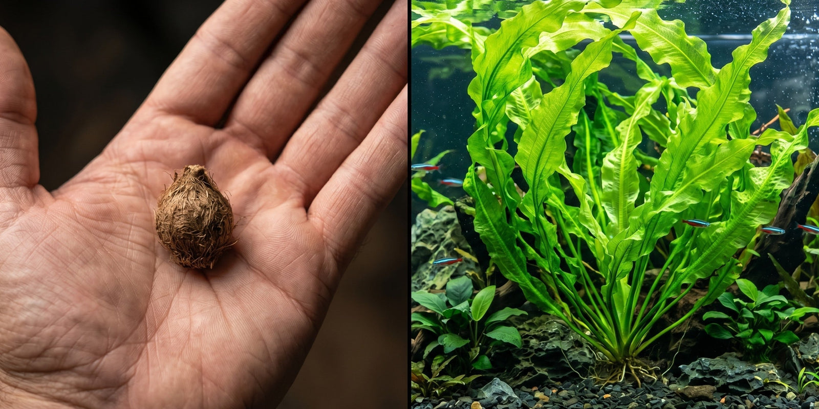 Split-screen comparison showing a dry Aponogeton ulvaceus bulb transforming into a massive, fast-growing centerpiece aquatic plant in a planted aquarium.
