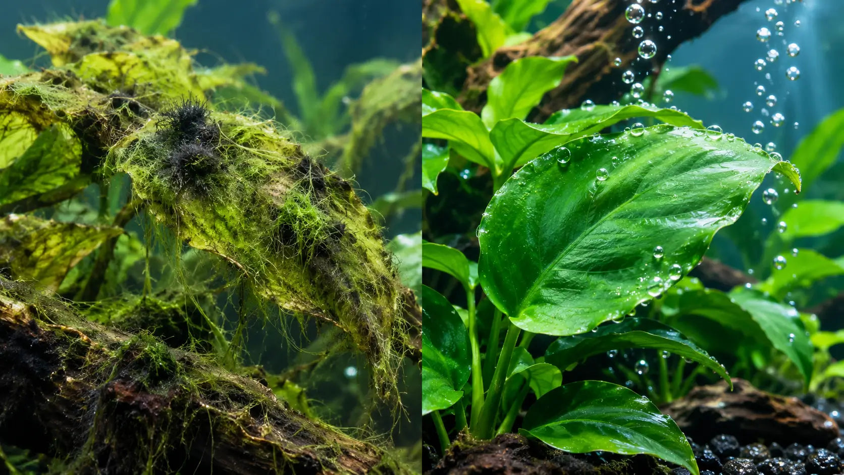 Split screen showing a planted tank overrun with green hair algae and black beard algae on the left, compared to a clean, algae-free green Anubias leaf on the right.