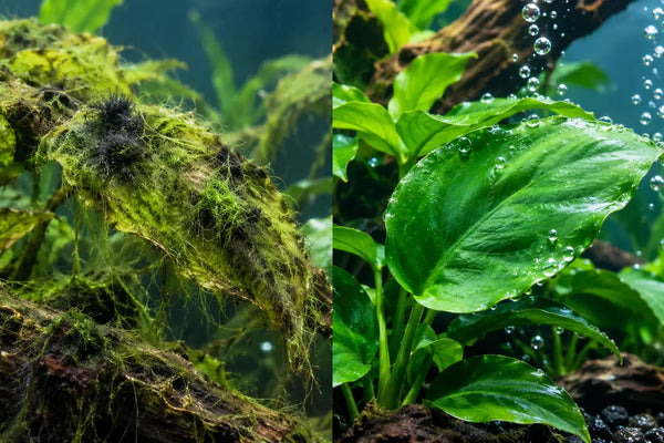 Split screen showing a planted tank overrun with green hair algae and black beard algae on the left, compared to a clean, algae-free green Anubias leaf on the right.