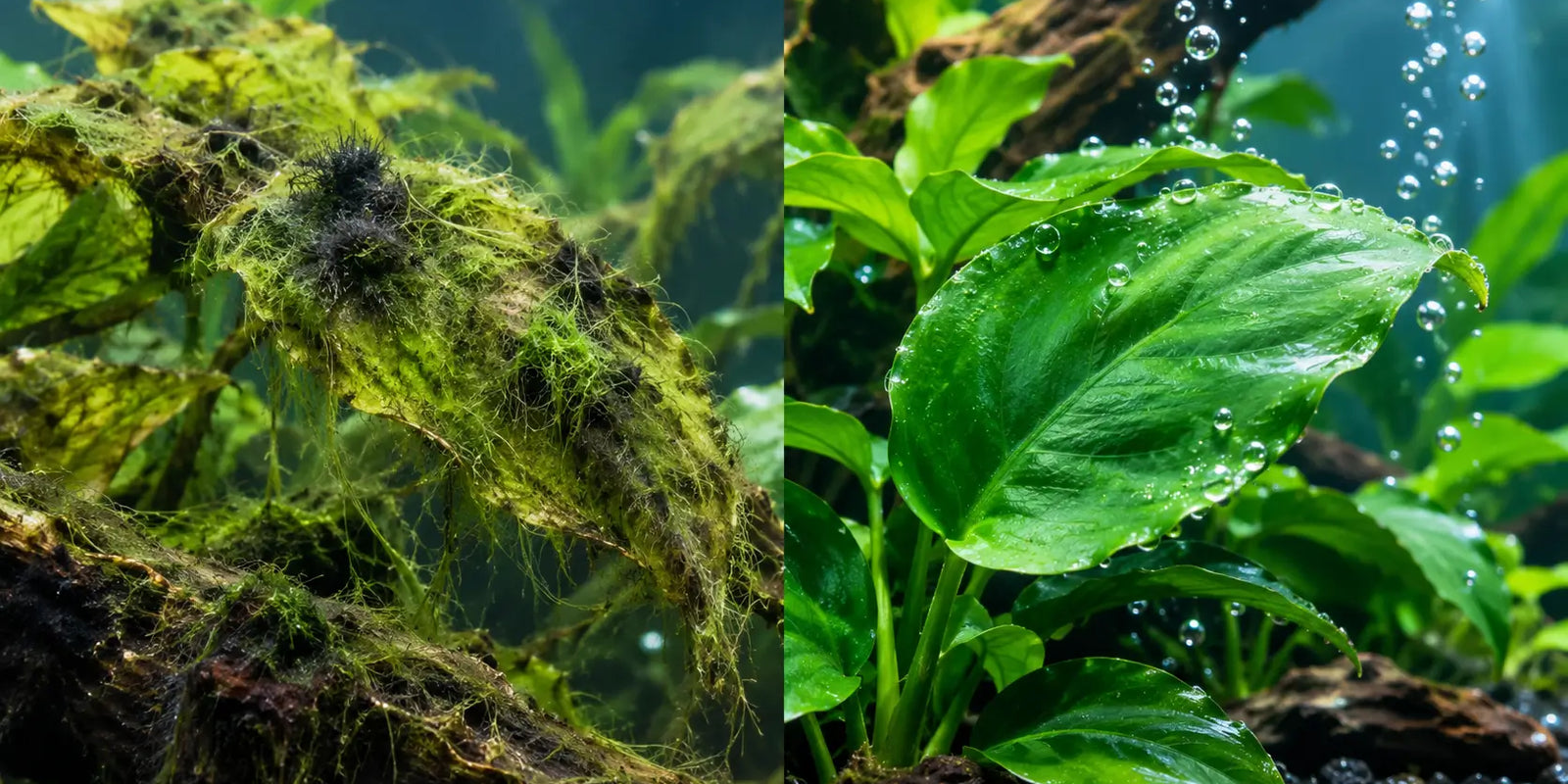 Split screen showing a planted tank overrun with green hair algae and black beard algae on the left, compared to a clean, algae-free green Anubias leaf on the right.