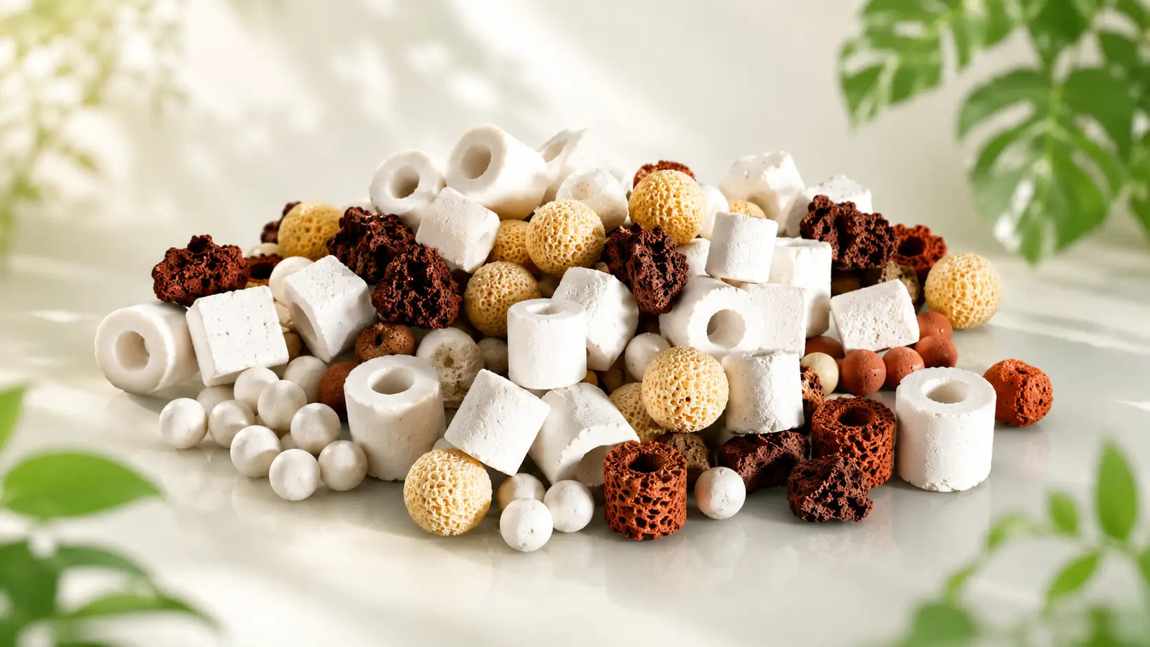 Pile of mixed aquarium bio balls filter media including porous ceramic rings, mineral cubes, lava rock, and bio spheres for nitrifying bacteria.
