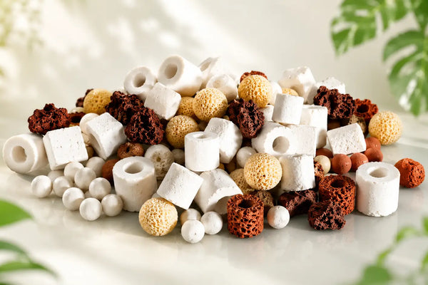 Pile of mixed aquarium bio balls filter media including porous ceramic rings, mineral cubes, lava rock, and bio spheres for nitrifying bacteria.