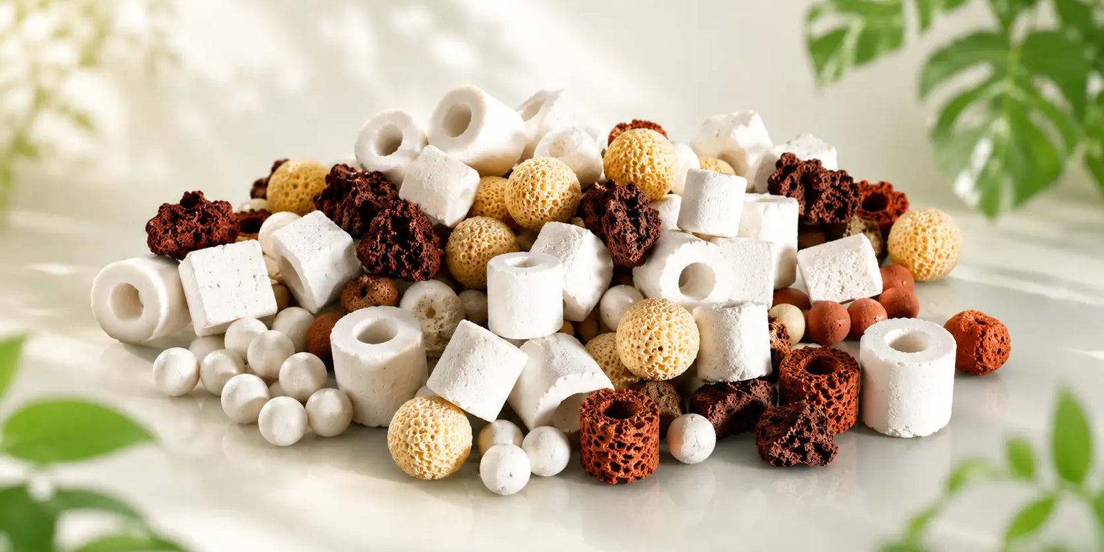 Pile of mixed aquarium bio balls filter media including porous ceramic rings, mineral cubes, lava rock, and bio spheres for nitrifying bacteria.