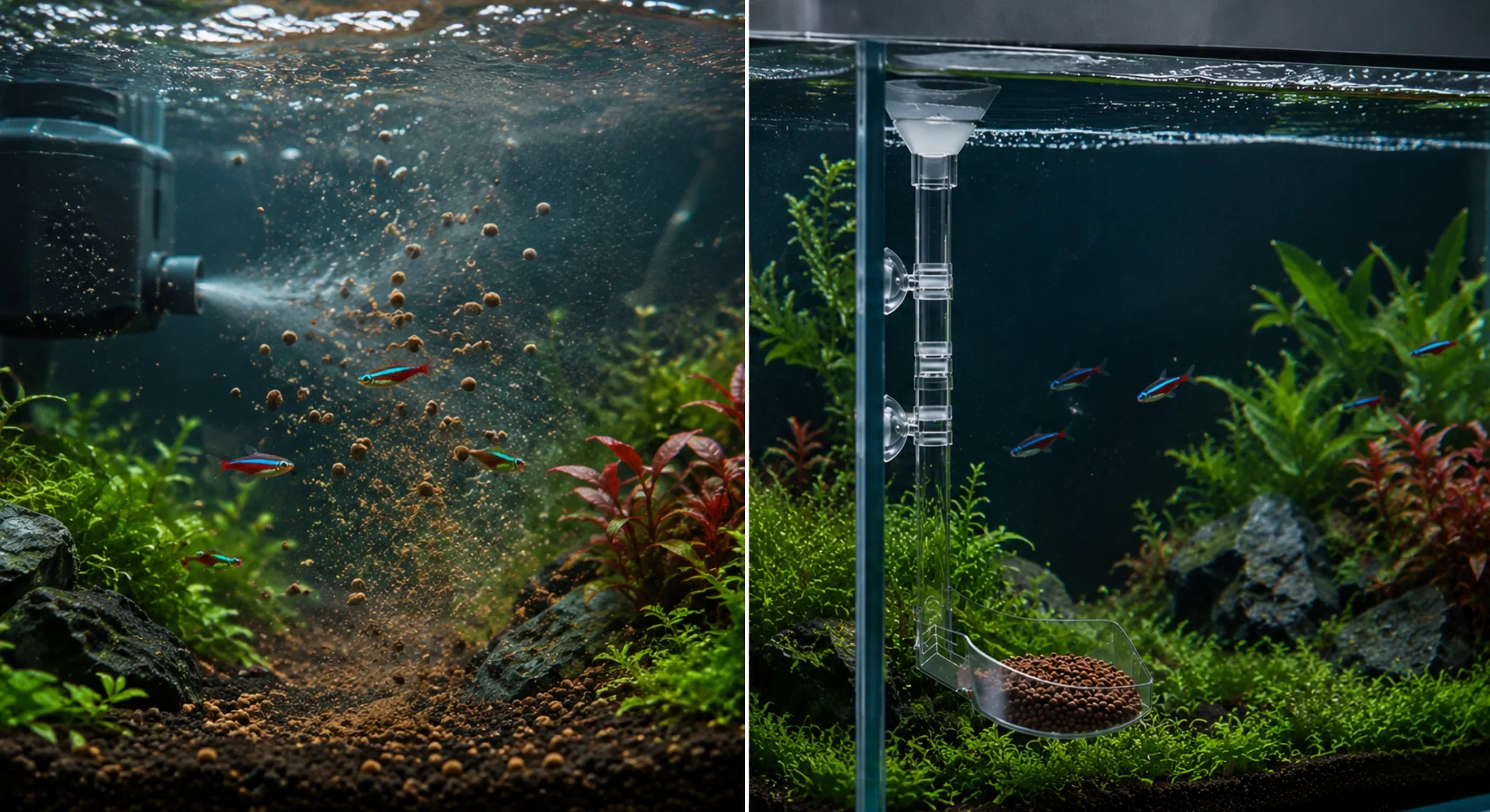 Split screen comparison of messy fish food scattering in filter flow versus zero-waste feeding with a transparent aquarium feeding tube and dish.