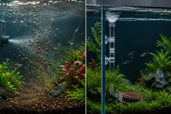 Split screen comparison of messy fish food scattering in filter flow versus zero-waste feeding with a transparent aquarium feeding tube and dish.