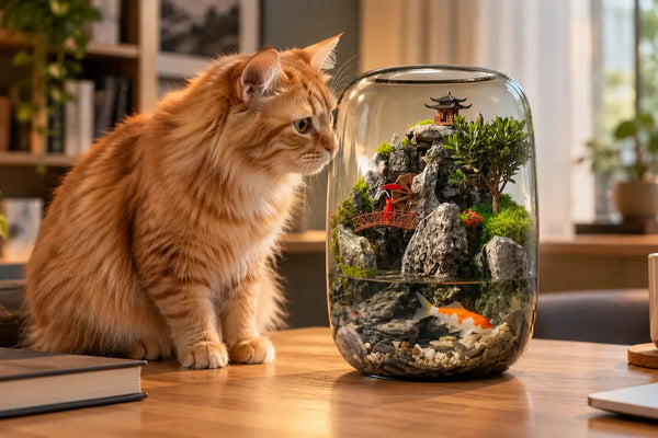 Curious orange cat safely investigating a pet-friendly indoor moss terrarium microlandscape on a desk.
