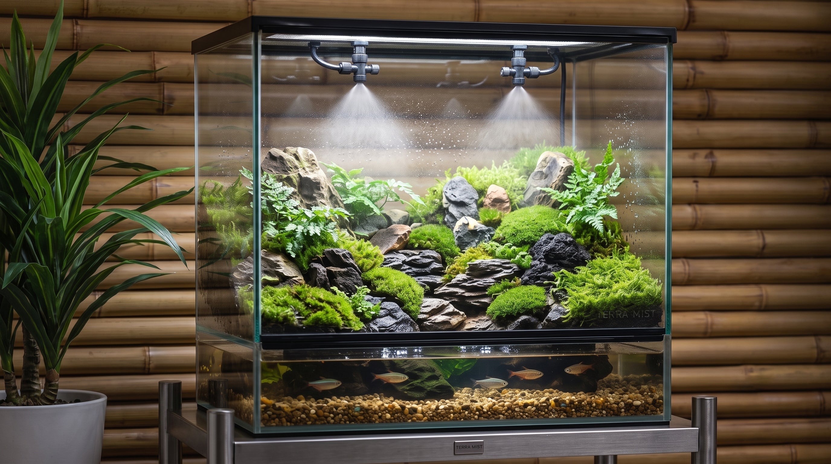 Lush rainforest paludarium featuring an automatic misting system spraying a fine fog over live moss, ferns, and driftwood with tropical fish swimming below.