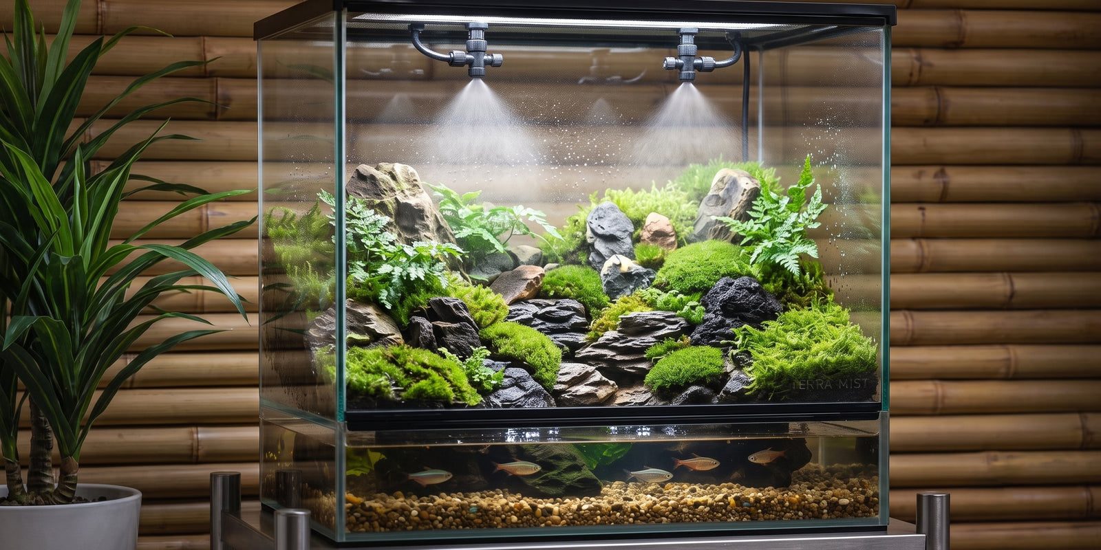 Lush rainforest paludarium featuring an automatic misting system spraying a fine fog over live moss, ferns, and driftwood with tropical fish swimming below.