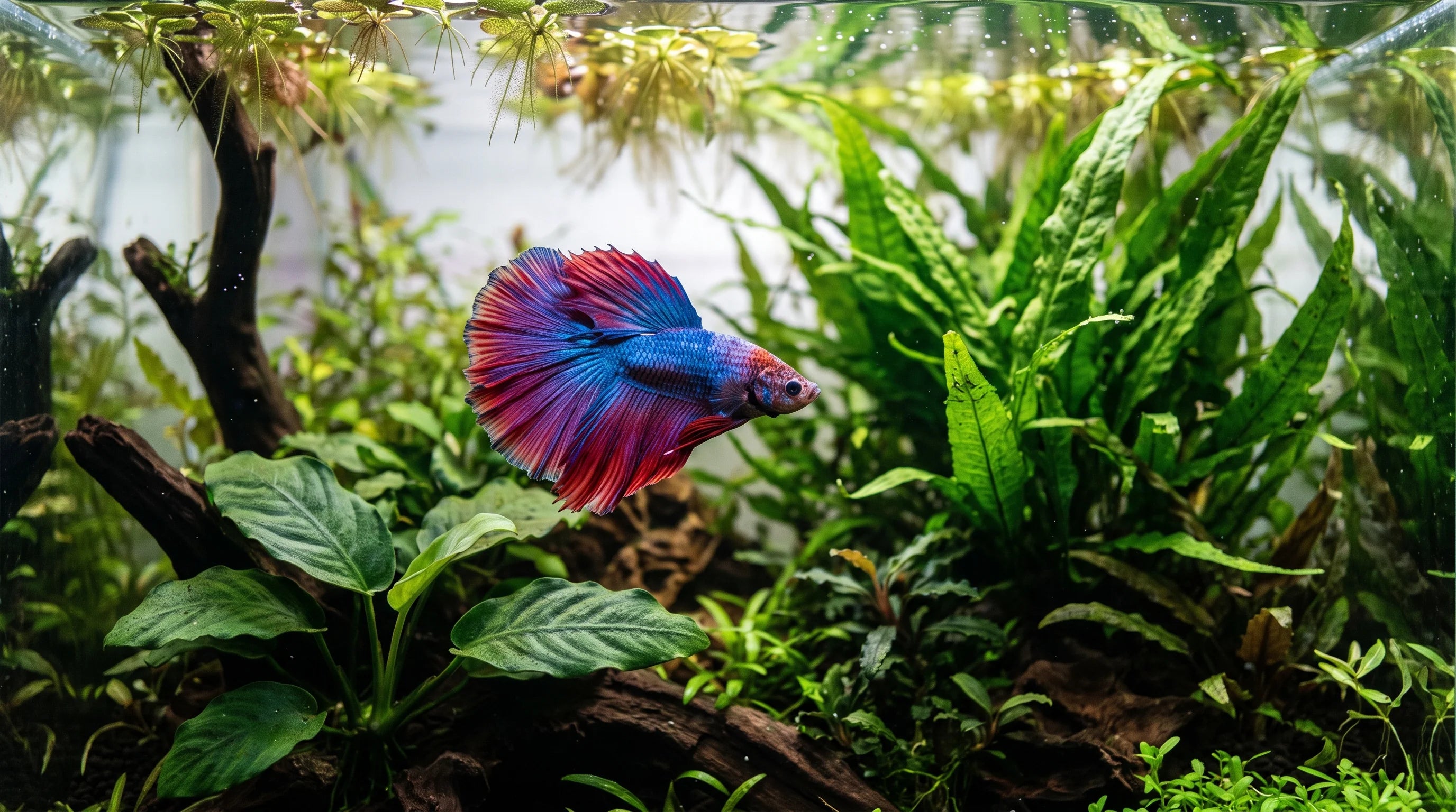 Vibrant blue and red Betta fish swimming in a lush, low-light planted aquarium featuring healthy Anubias and Java Fern.