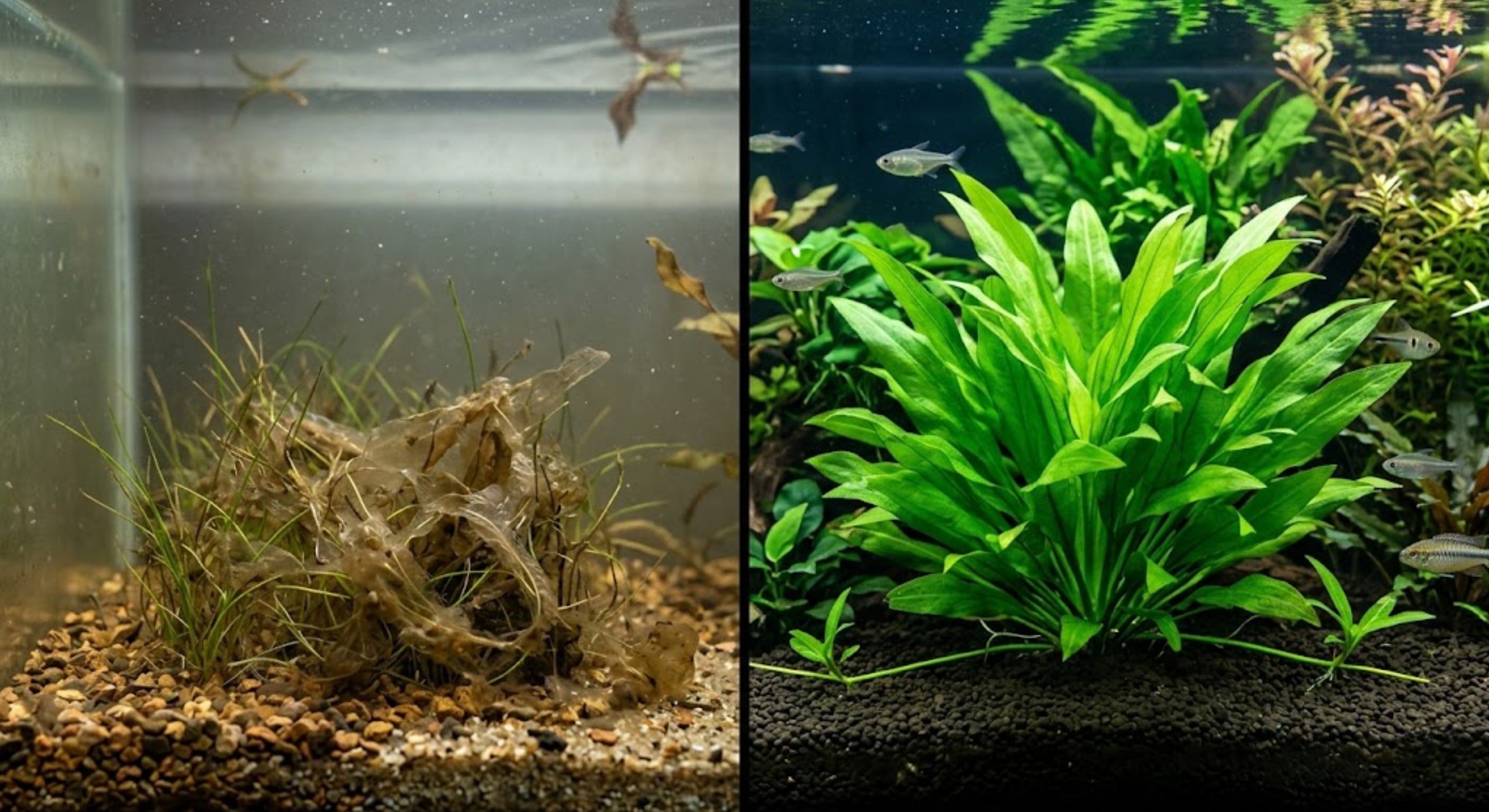 Split screen showing melted delicate aquarium grass on the left compared to a lush, thriving Broadleaf Chain Sword plant in a beginner planted tank.