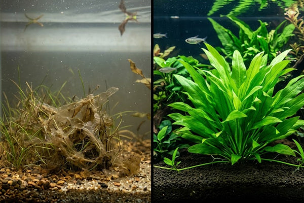 Split screen showing melted delicate aquarium grass on the left compared to a lush, thriving Broadleaf Chain Sword plant in a beginner planted tank.