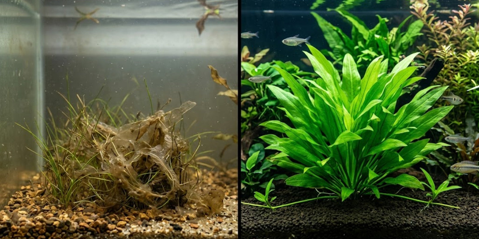 Split screen showing melted delicate aquarium grass on the left compared to a lush, thriving Broadleaf Chain Sword plant in a beginner planted tank.