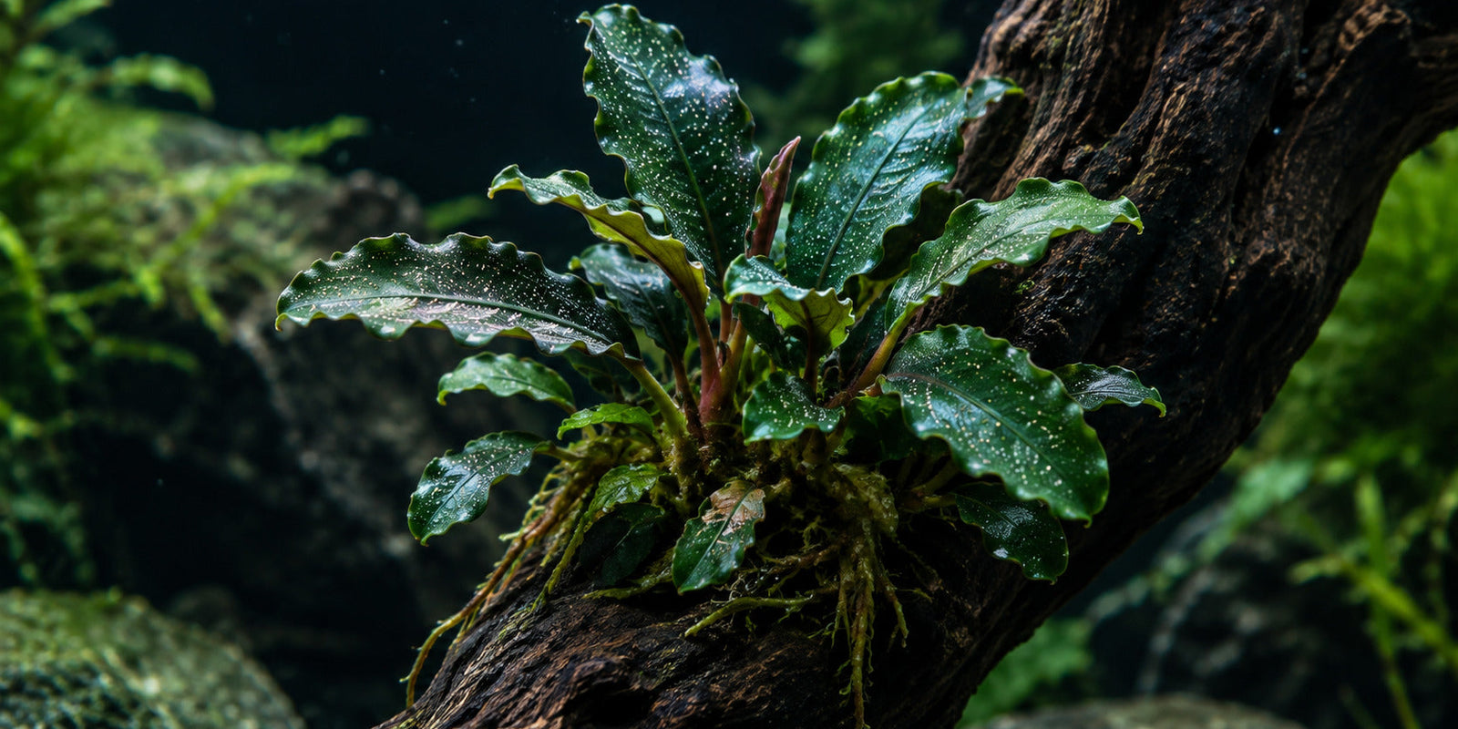 Bucephalandra care guide showing dark green leaves with white speckles and blue violet hues successfully attached to aquarium driftwood.