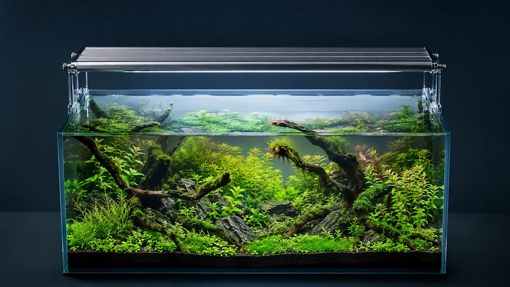 High-tech look on a budget with the WEEK AQUA M Series LED planted aquarium light creating a lush green aquascape without expensive full-spectrum fixtures.