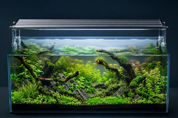 High-tech look on a budget with the WEEK AQUA M Series LED planted aquarium light creating a lush green aquascape without expensive full-spectrum fixtures.